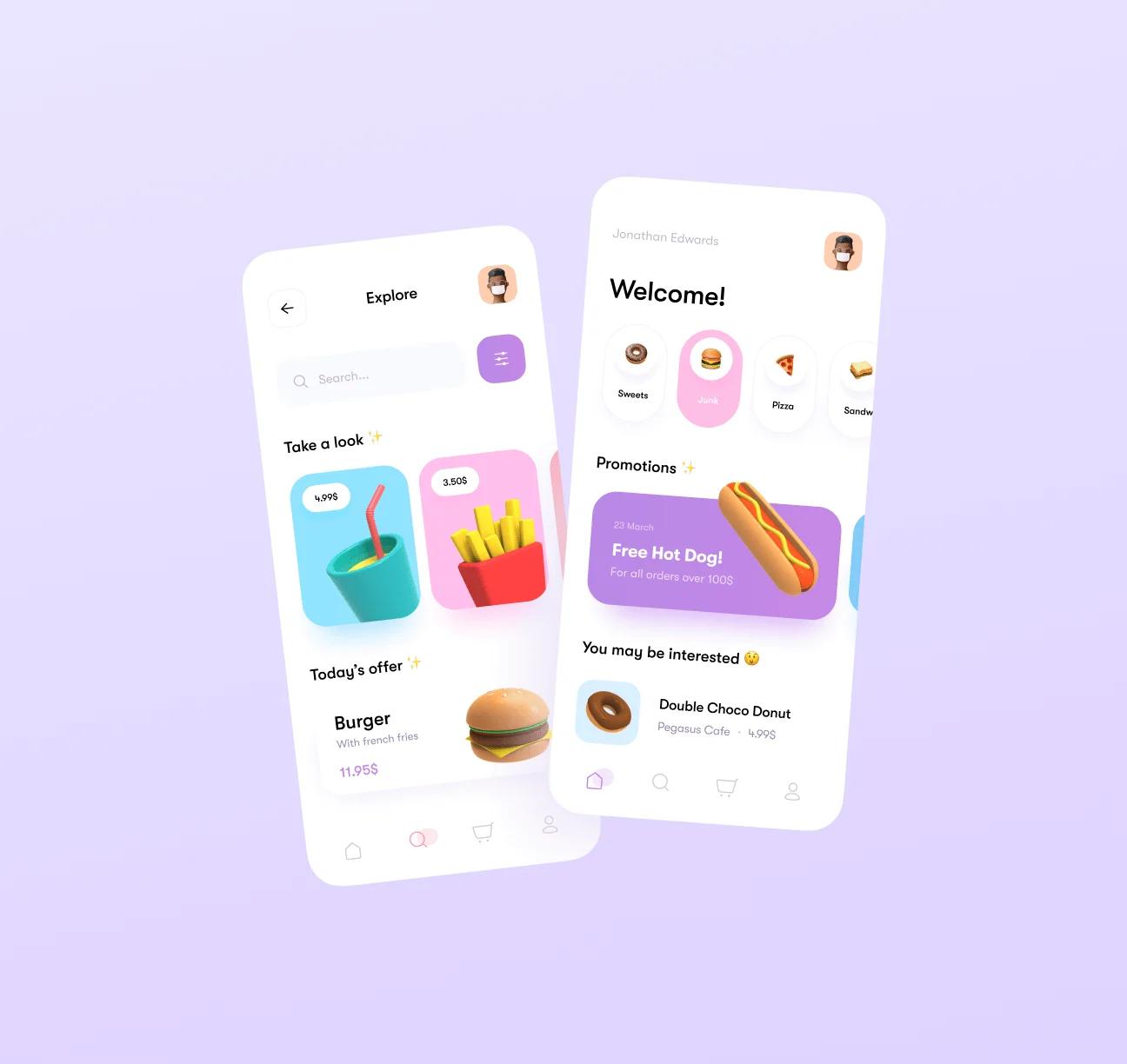 Mobile design with hamburger and fries screens